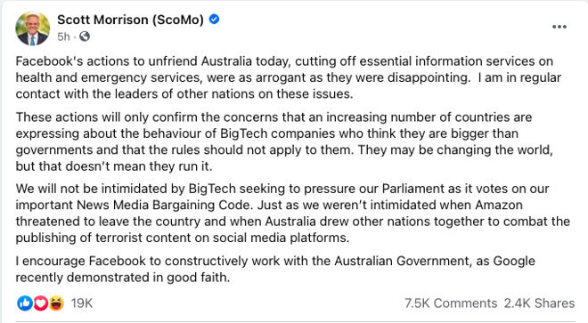 Australian Prime Minister Scott Morrison protested Facebook's move -- on Facebook