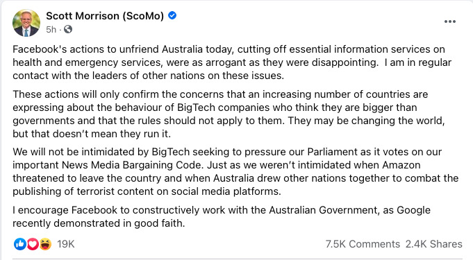 Australian Prime Minister Scott Morrison protested Facebook's move &mdash;  on Facebook