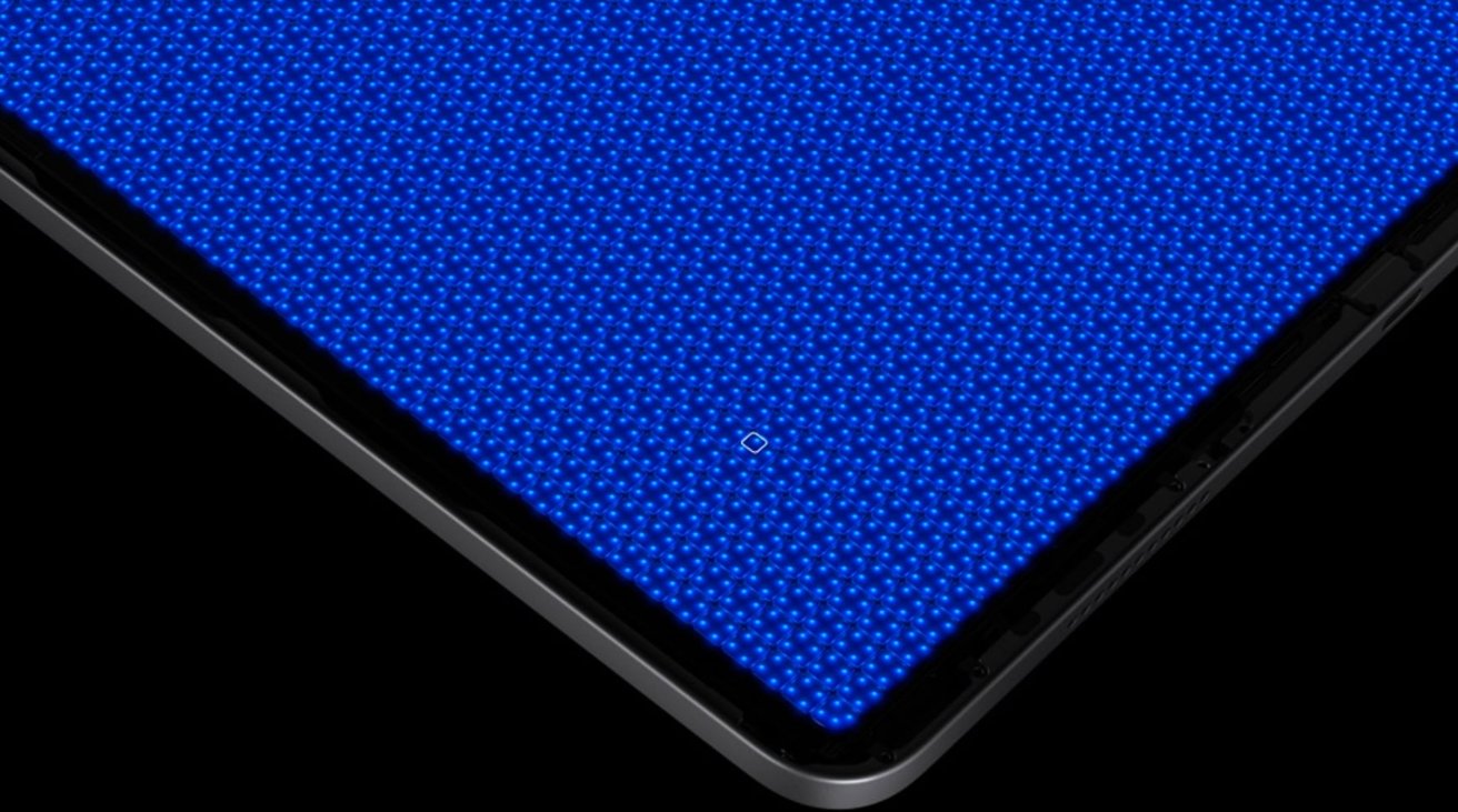 The entire rear of the 12.9-inch iPad Pro display houses a layer of over 10,000 mini LEDs as a backlight. Each group of four is a localized dimming zone. [via Apple]