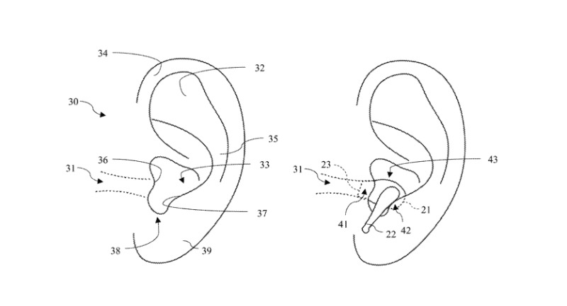 Detail from the patent showing how an ultrasonic signal could determine whether AirPods are seated correctly in a user's ear