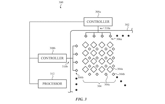 An array of light sensors embedded between pixel areas of a display. Credit: Apple