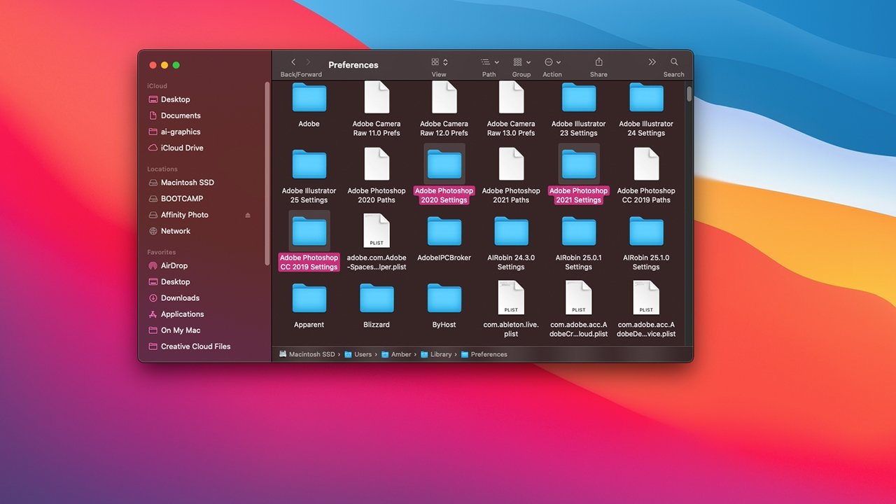 Dragging these folders out of your Preferences folder will reset Photoshop's preferences