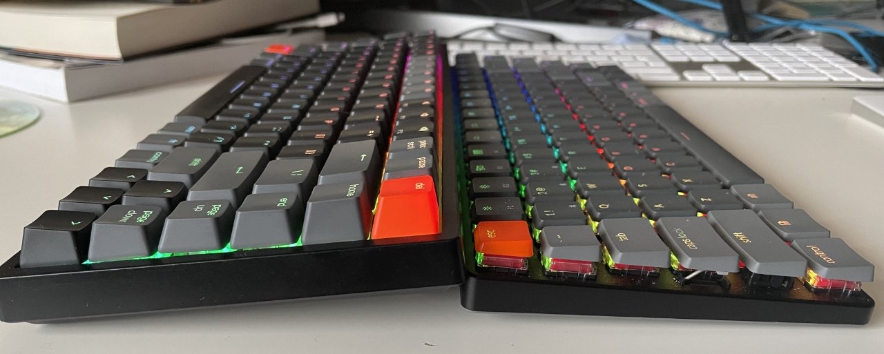Left: Vissles V1. Right: Keychron K3. (Back right: Apple Magic Keyboard.)