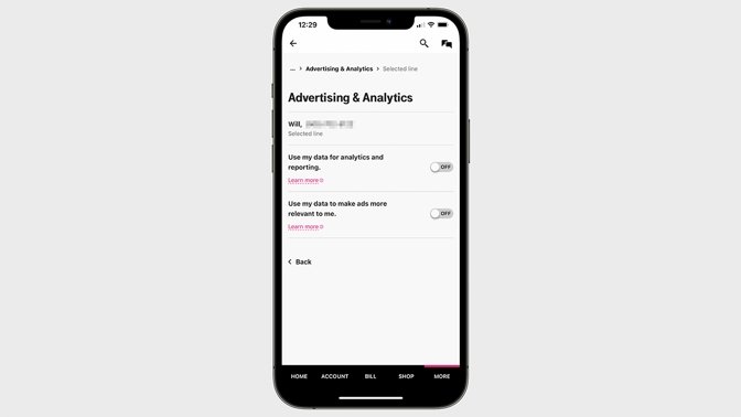 The menu screen to opt out of T-Mobile's ad-sharing