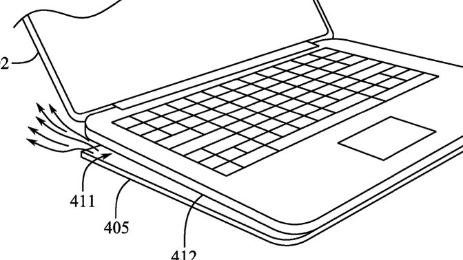 Detail from the patent showing a MacBook Pro being raised for ventilation