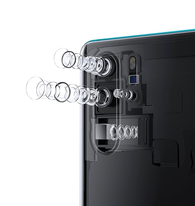 An exploded view of the Huawei P30 Pro, showing the periscope lens' different orientation to conventional cameras.