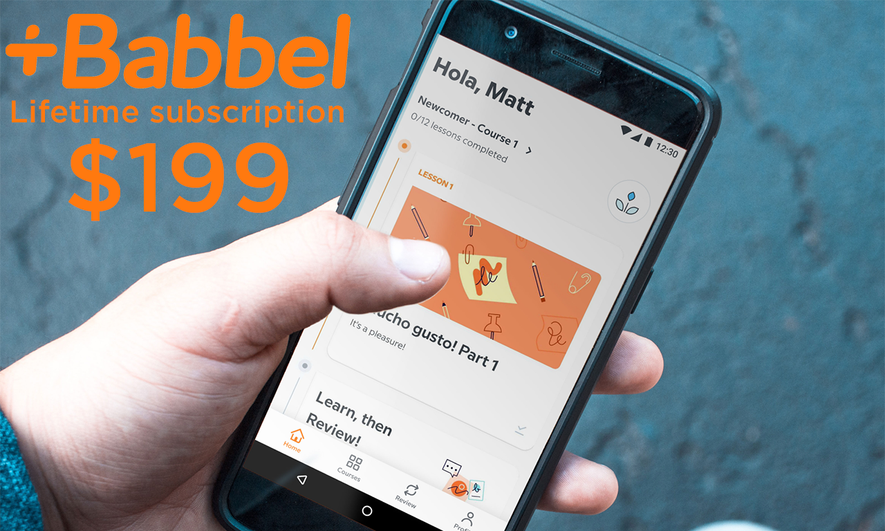 Babbel on iPhone with $199 text in orange