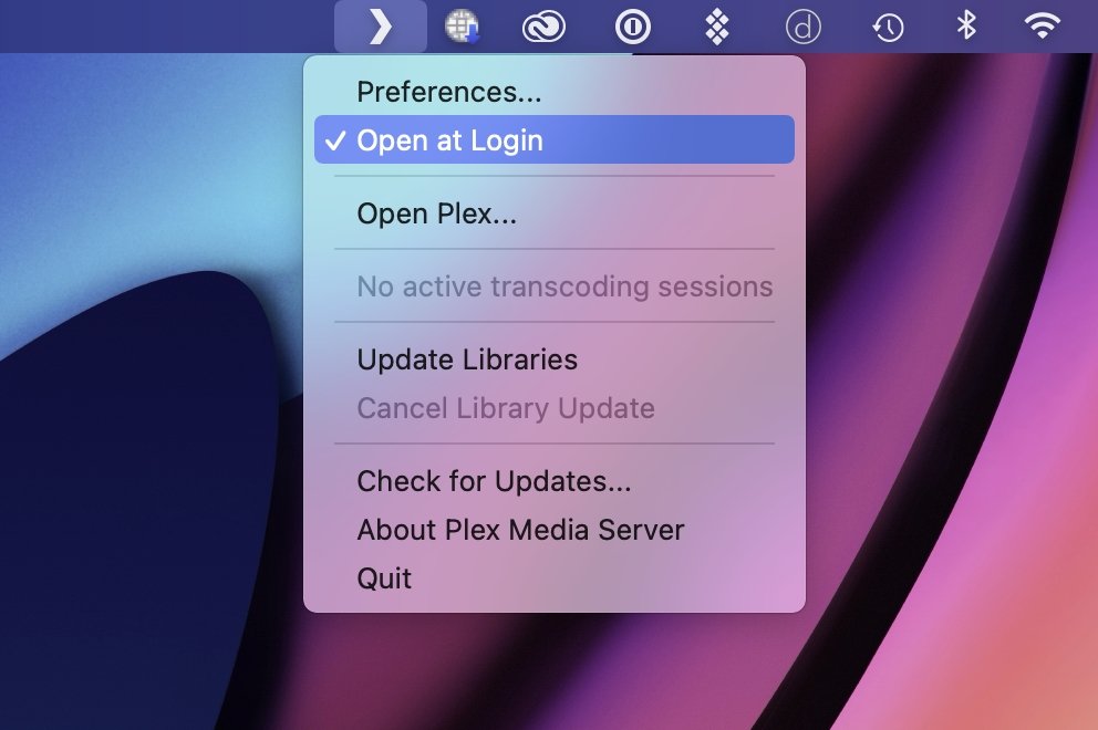 The Plex icon in the menu bar can control whether the app loads at login, gives data on transcoding, the ability to update libraries and the software, and more. 