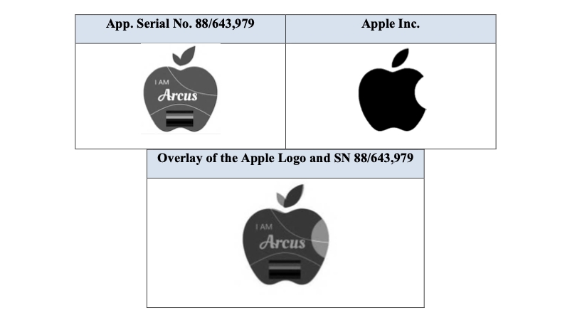 Detail from Apple's opposition filing showing the two logos side by side, plus overlaid to the same size