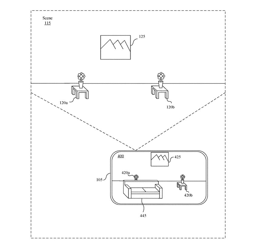 Detail from the patent showing (top) a real-world environment and (bottom) the same space with a shared 3D object in it