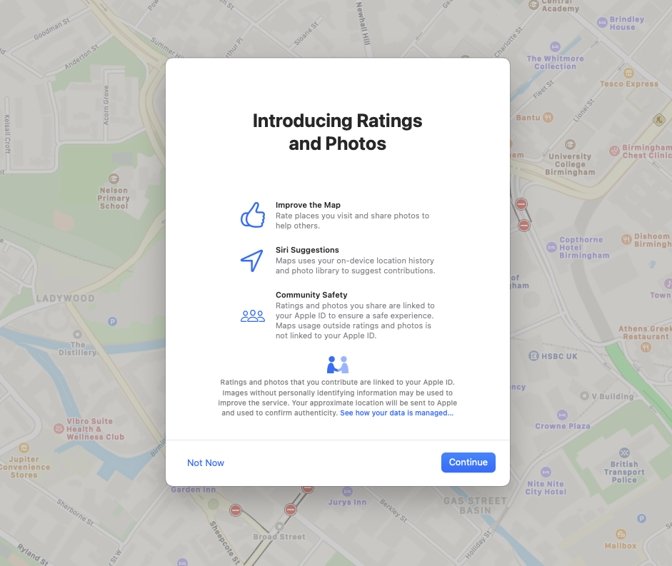 The first time a user wants to add a photo or recommendation, Apple Maps explains how the data will be used