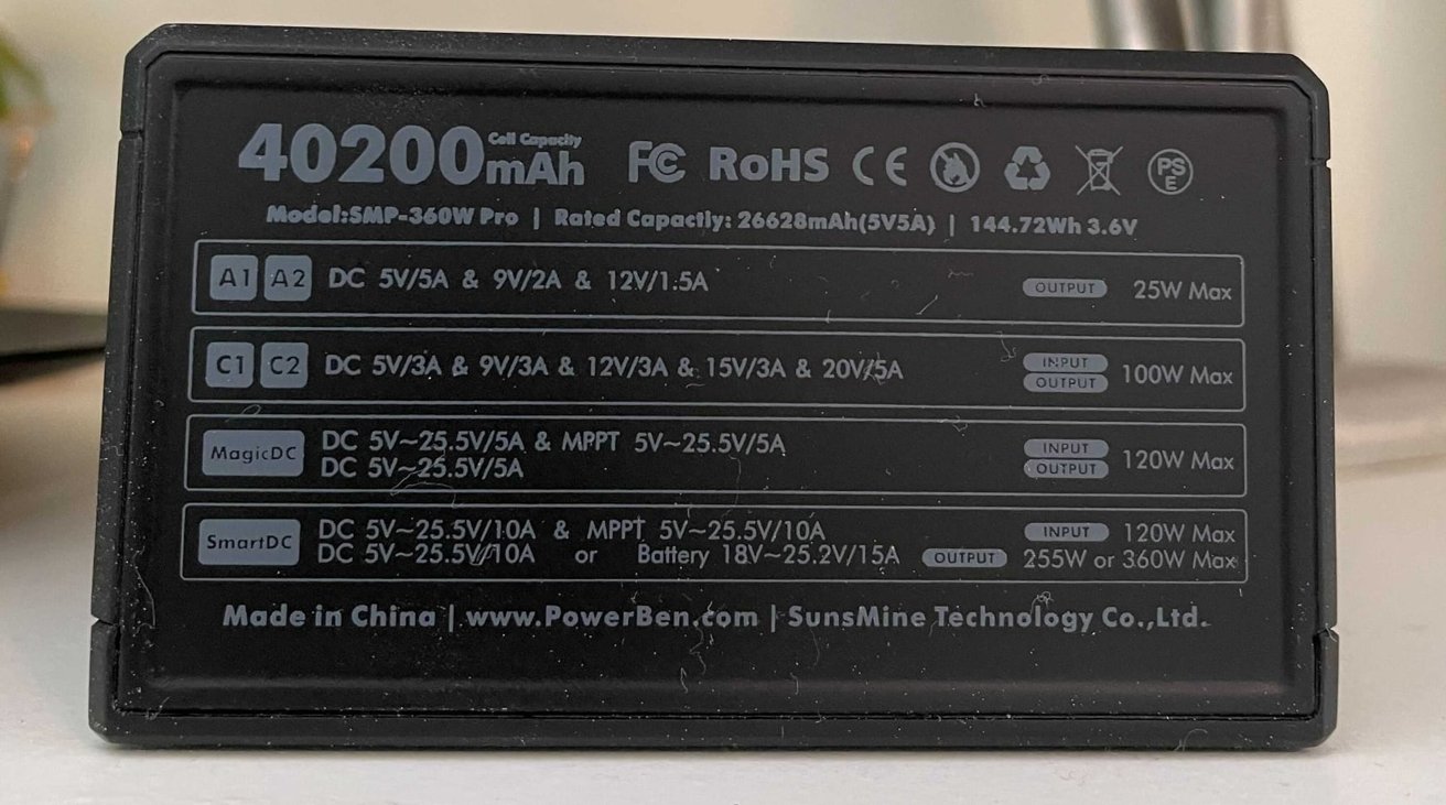 The rear of the PowerBen includes the regulatory information and lists the capabilities of each connector. 