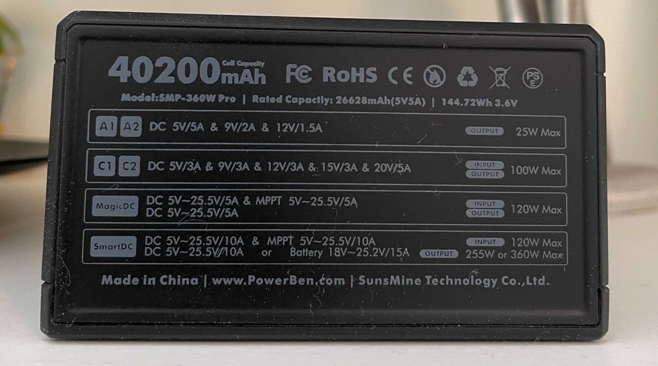 The rear of the PowerBen includes the regulatory information and lists the capabilities of each connector.