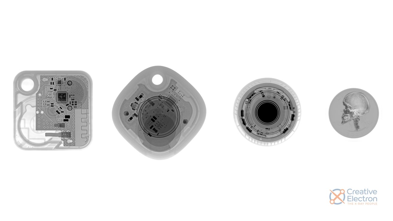 X-rays of the Tile Mate (left), Galaxy SmartTag, Apple AirTag, and a U.S. quarter. [via iFixit/Creative Electron]