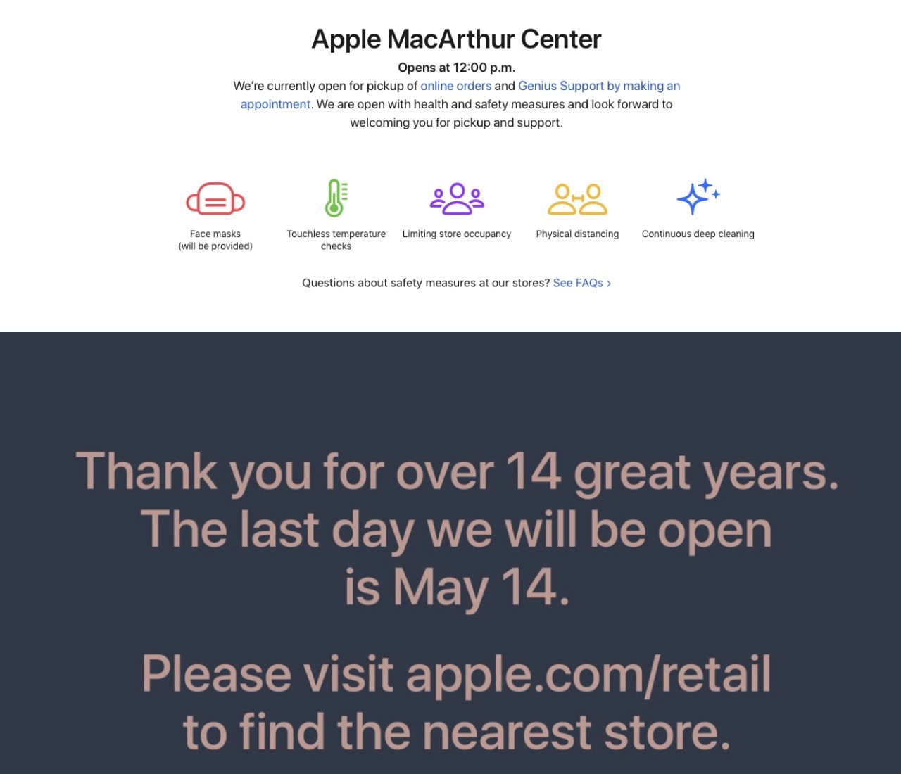 The notice displayed on Apple MacArthur Center's site