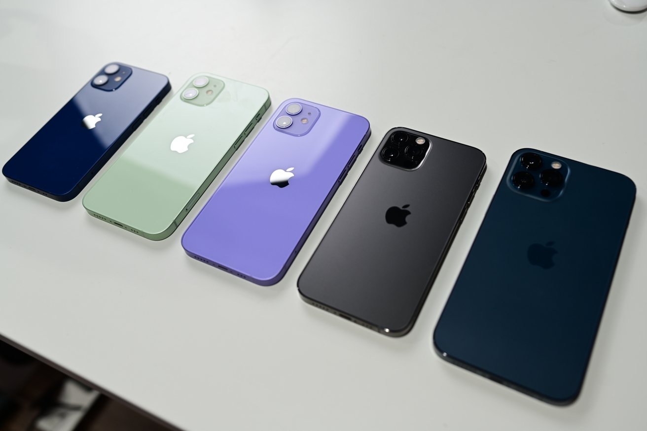 iPhone 12 mini, iPhone 12, purple iPhone 12, iPhone 12 Pro, and iPhone 12 Pro Max