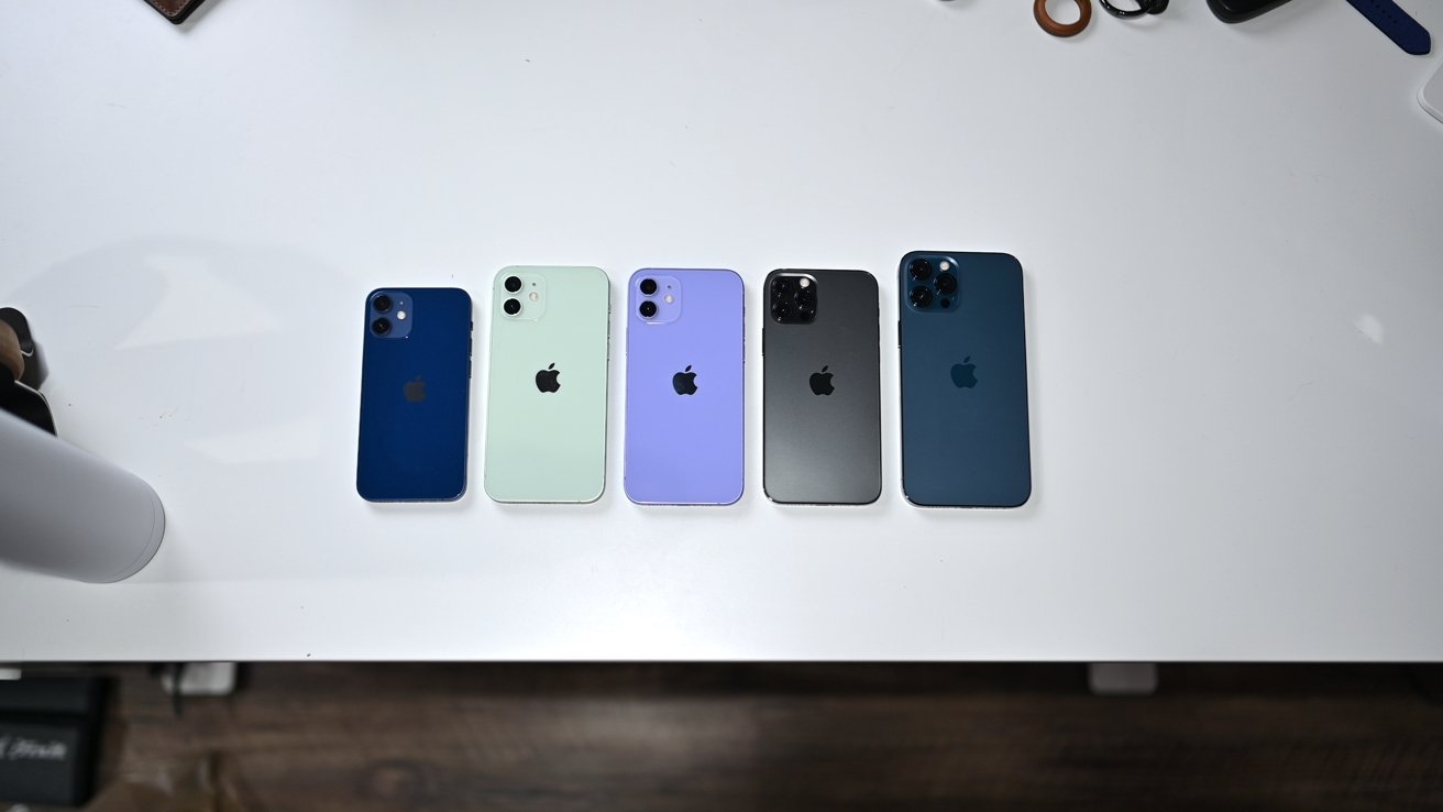 iPhone 12 mini, iPhone 12, purple iPhone 12, iPhone 12 Pro, and iPhone 12 Pro Max
