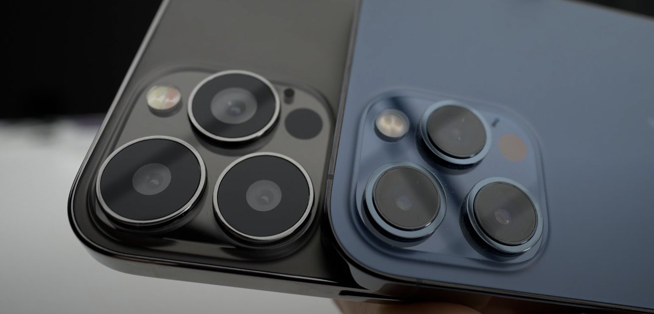 Cameras on the back of the model 'iPhone 13 Pro Max' and the iPhone 12 Pro Max [via Unbox Therapy]