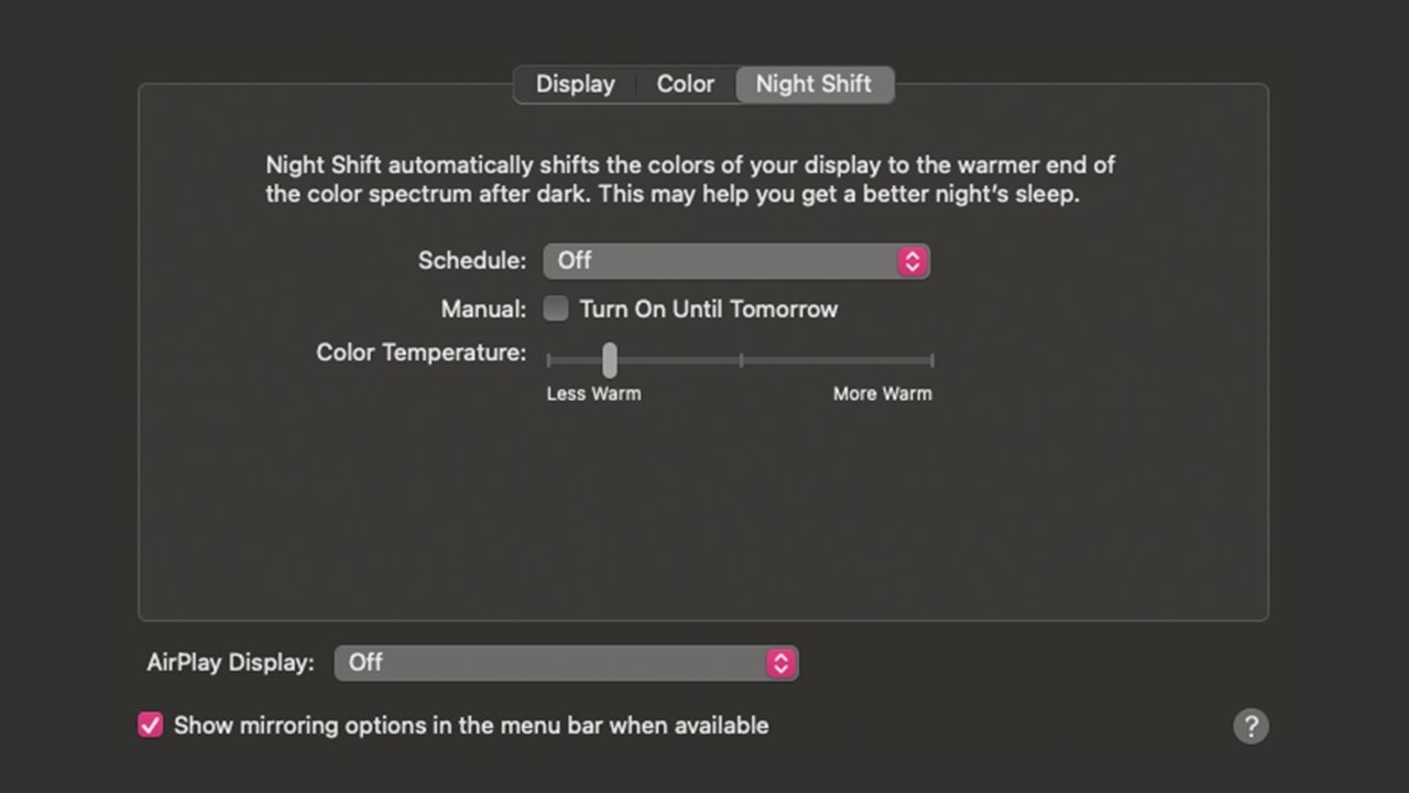 The Night Shift option in macOS