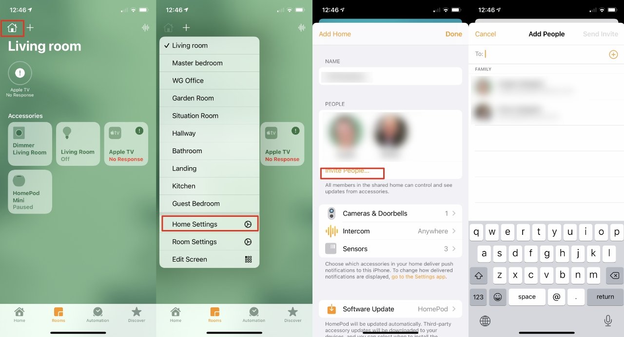 Open the Home app, then L-R, choose Home Settings and invite people.
