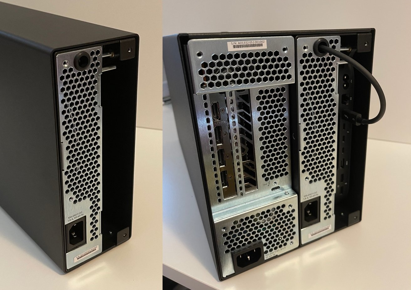 The rear of both desktop enclosures filled with enclosures. The entire back panel of the Mac mini is easily accessible once installed in its module. 