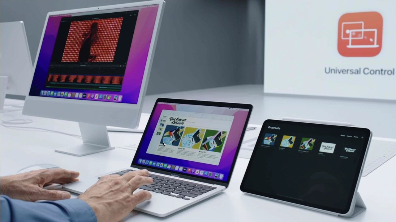 Craig Federighi demonstrating dragging a file from an iPad, through a MacBook Pro, and onto an iMac