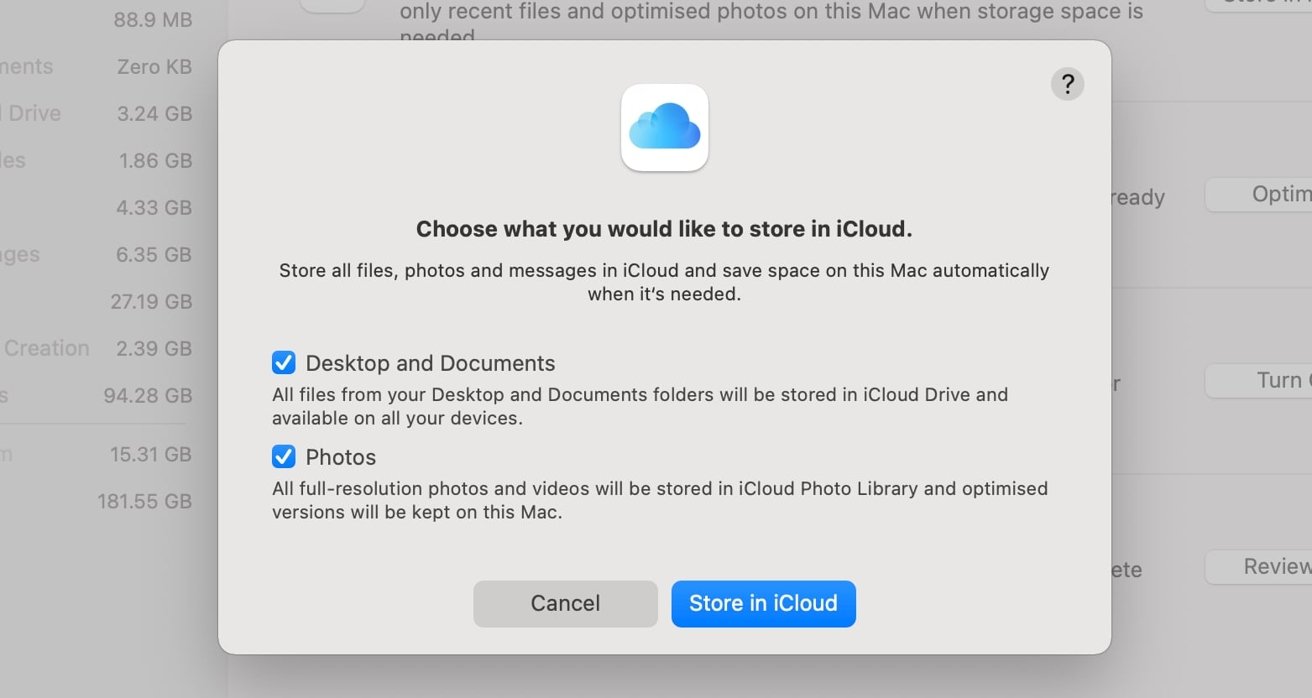 There are options to store your Desktop and Documents folder contents in iCloud, as well as your photographs. 