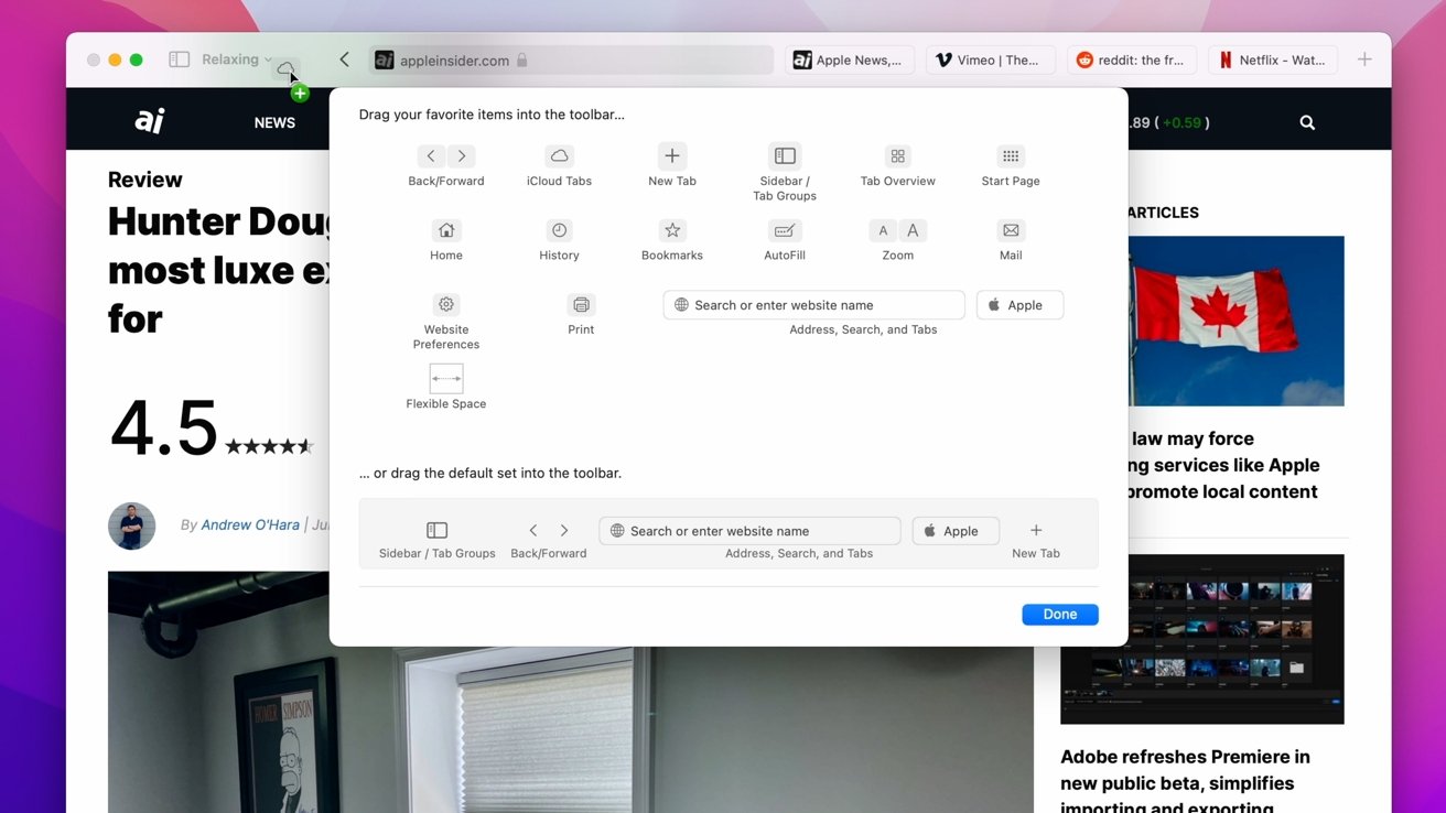 Toolbar customization options for Safari 15