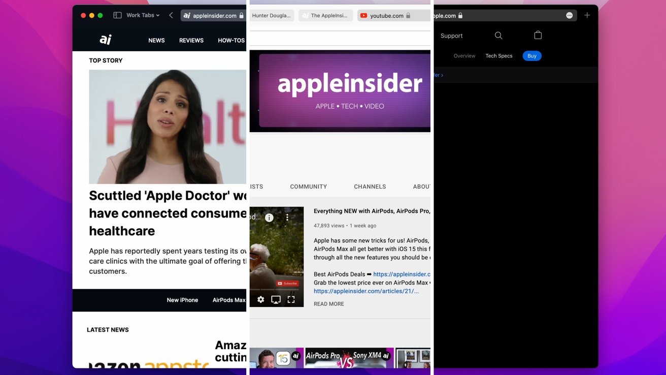 Safari's toolbar adjusting for AppleInsider (left), YouTube (center), and Apple (right)