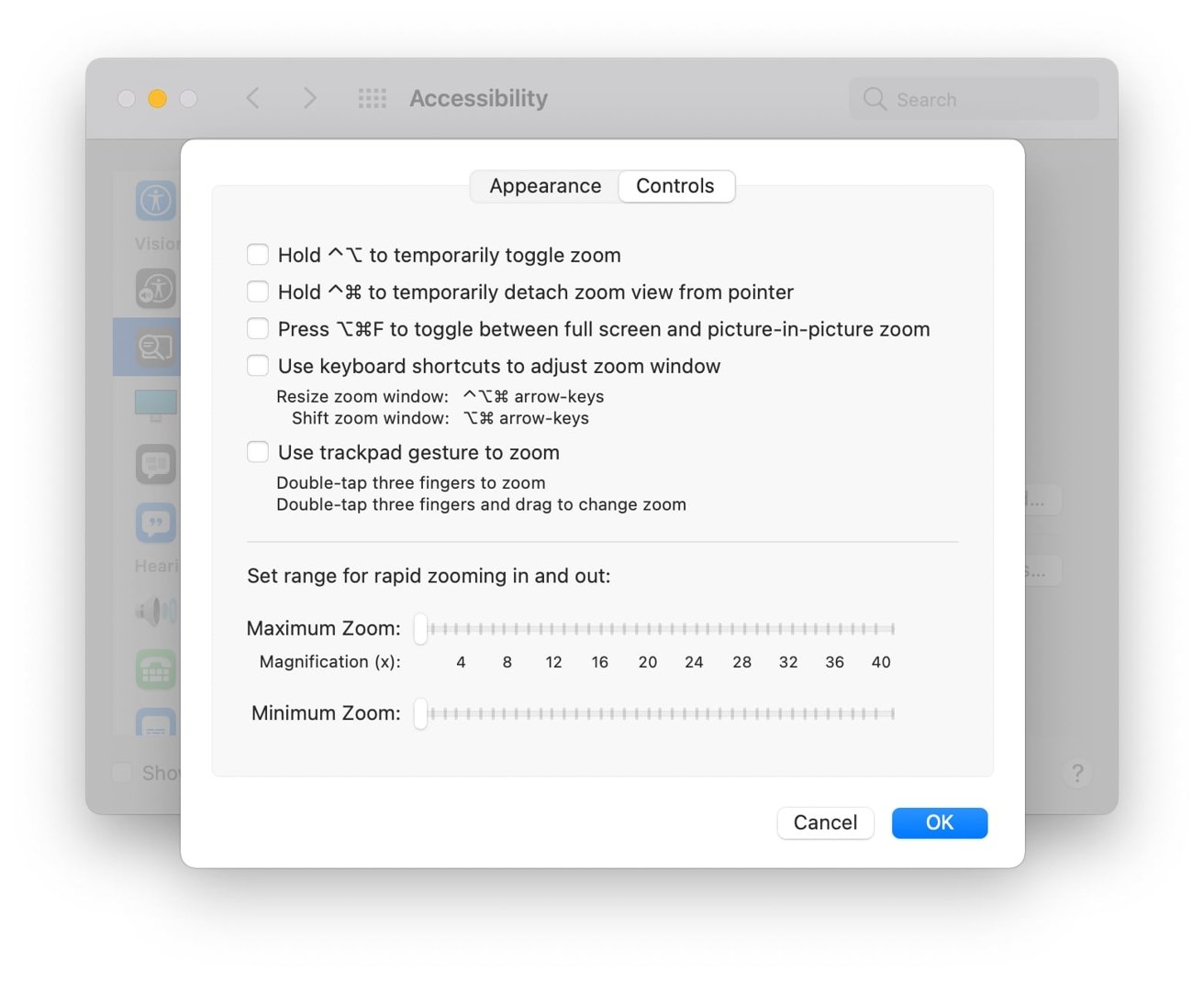 More shortcut options are available, including adding more trackpad controls and adjusting the zoom limits. 
