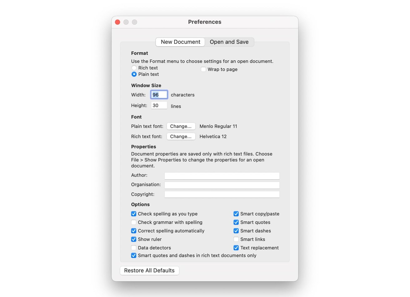 The preferences panel for when you create new documents. The rich text and plain text option is right at the top. 