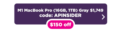 M1 MacBook Pro $150 off deal button in purple and pink