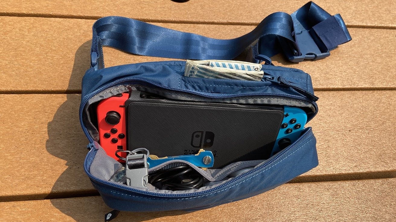 The hipsack is large enough to hold a Nintendo Switch