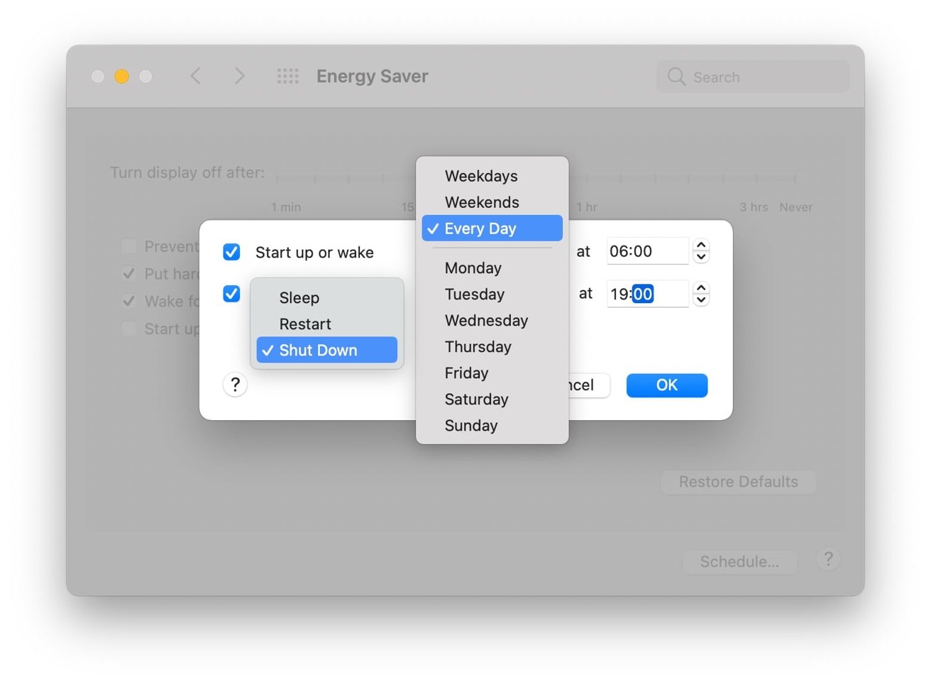 You can easily set your Mac to reset on a particular day, every day, weekdays, or weekends. 