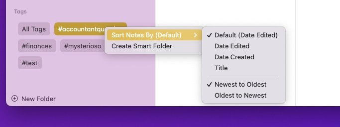 Find tags in a group at the bottom of Notes's Folders list, where you can also create smart collections of them