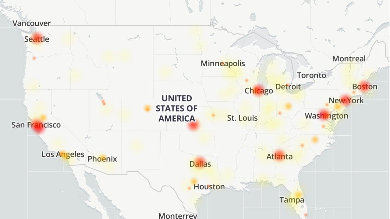 A heatmap of Akamai DNS outage reports. Source: Downdetector
