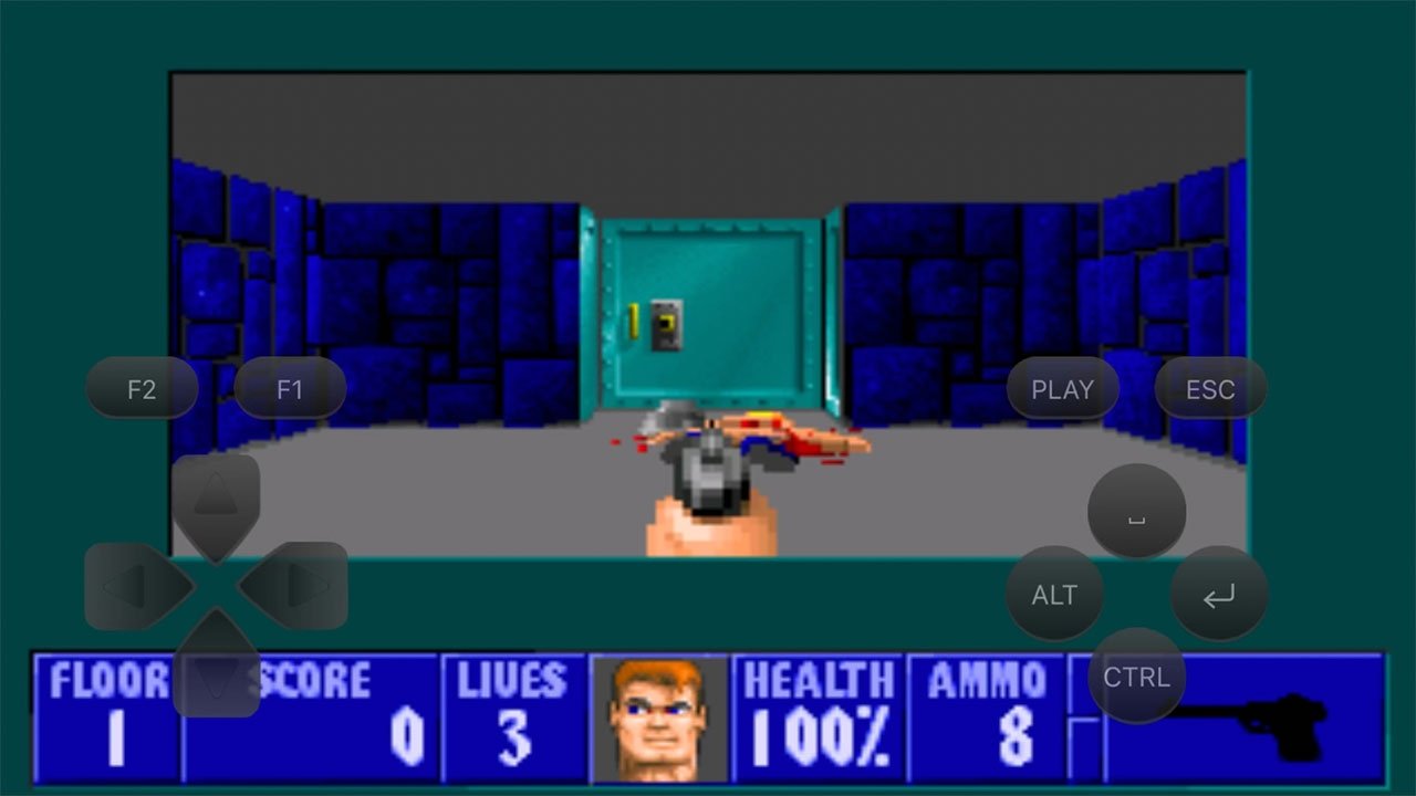  A screenshot of an emulator game, which is available on the App Store, with a virtual directional pad and buttons on the left side of the screen and a virtual keyboard and mouse on the right side of the screen.