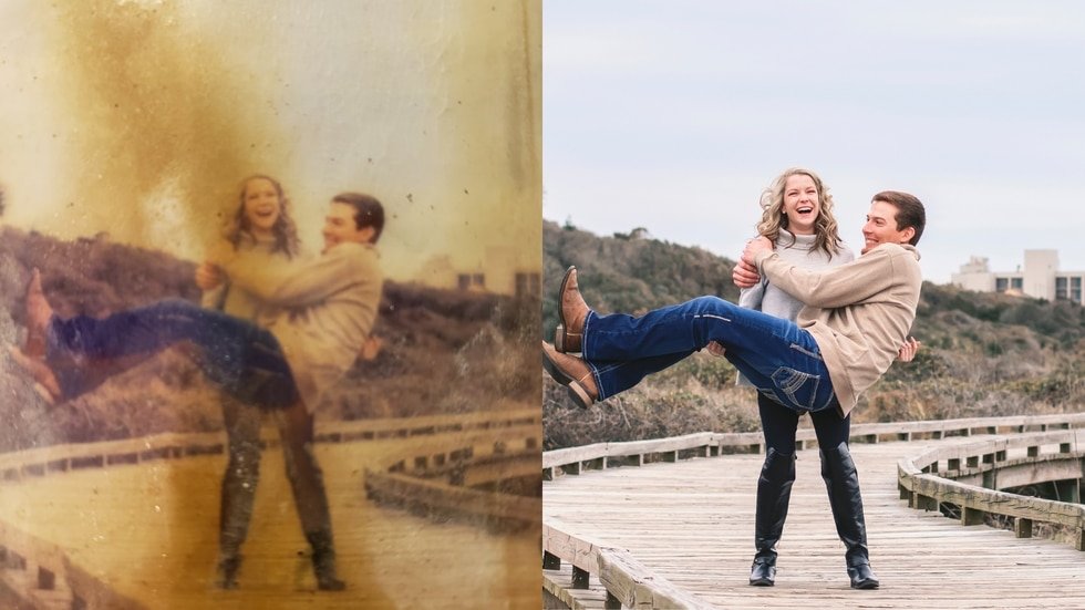 Left: water damaged shot of Riley and Trinidy Johnson. Right: the original. (Source: Riley Johnson and WMBF News)