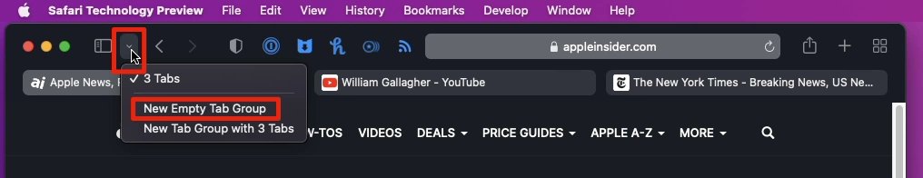 Начните, щелкнув маленькую стрелку вниз рядом со значком закладок и выбрав новую группу.