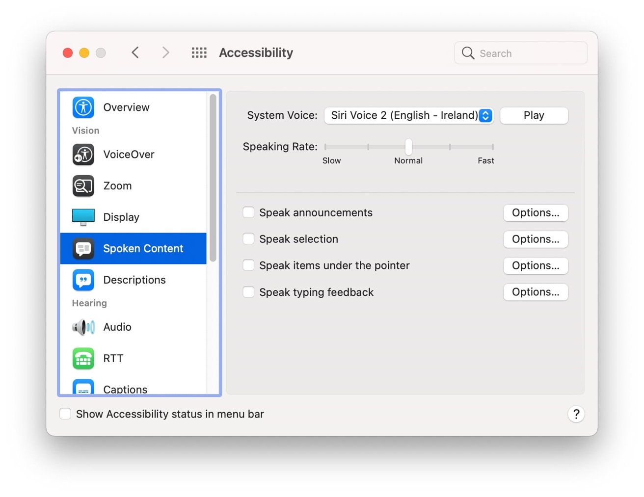 The Spoken Content menu is within Accessibility in System Preferences. 