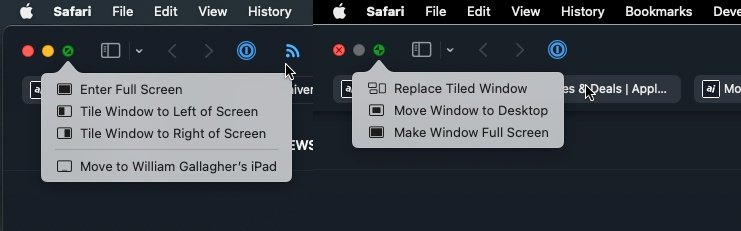 Left: options before you go into Split View. Right: options when you're in it.