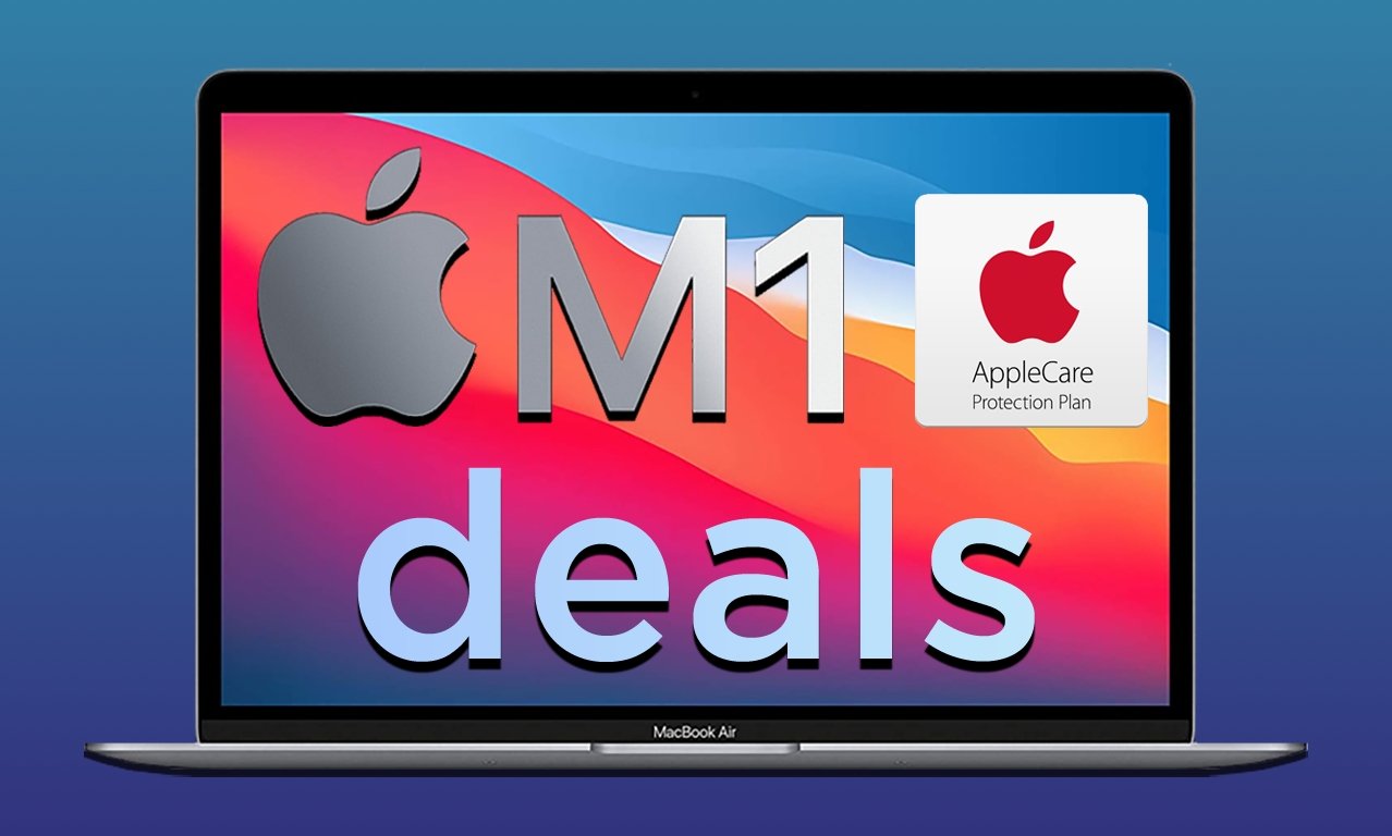 MacBook Air with M1 deals text and AppleCare logo
