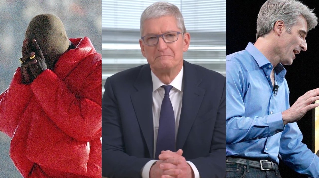 L-R: Kanye West, Tim Cook, Craig Federighi