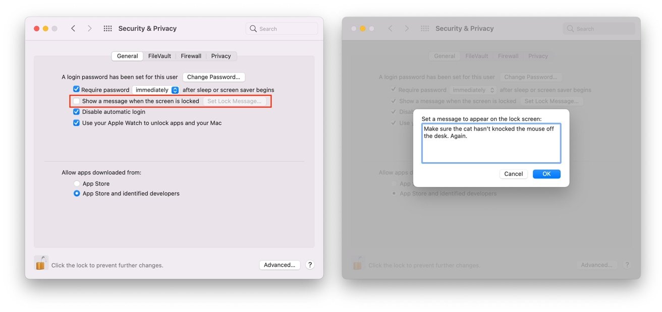 You can set or disable the Lock Screen Message within System Preferences' Security &amp; Privacy section. 