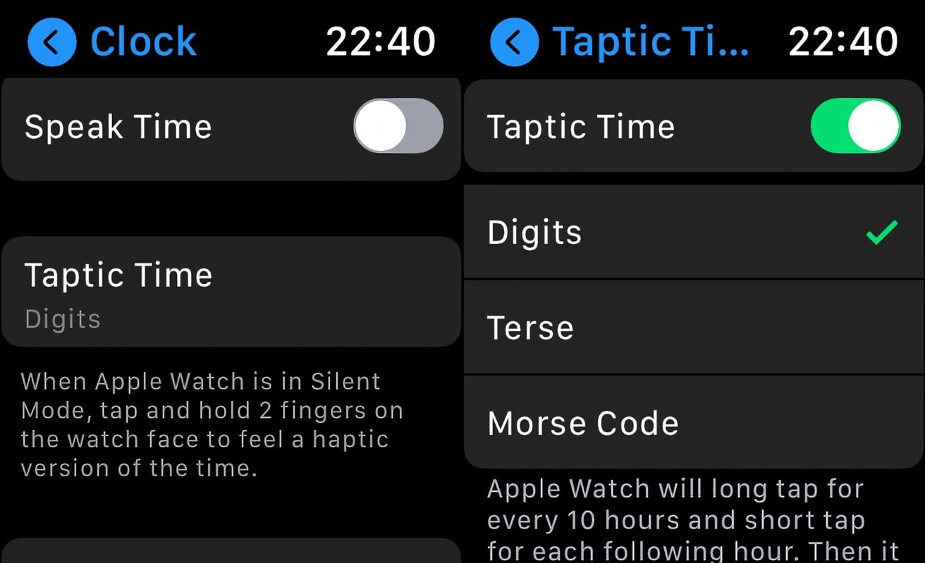 Setting up Taptic Time is done in the Clock menu in the Settings app. 