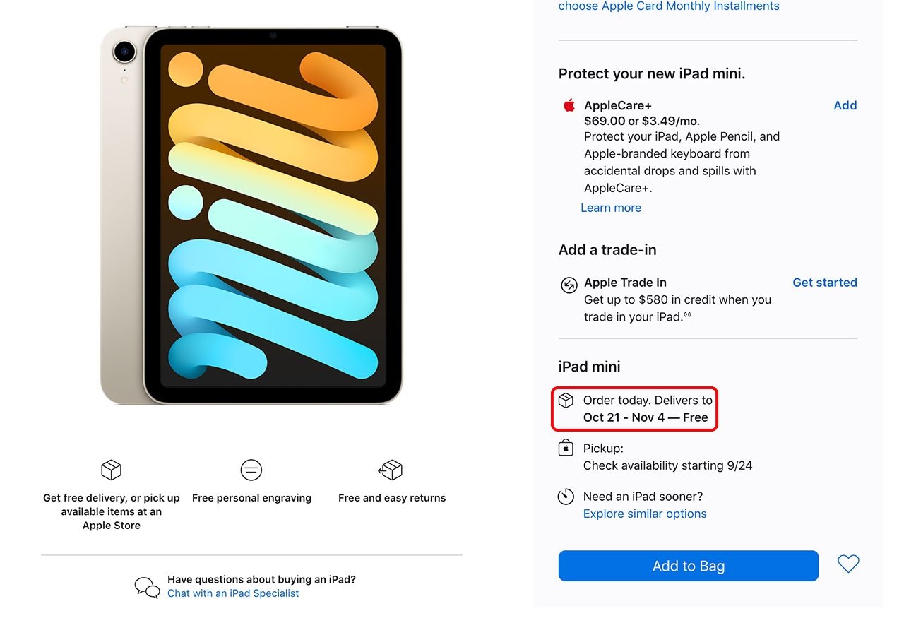 photo of iPad mini, iPhone 13 Pro delivery dates slip to late October in US image