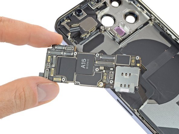 A view of the iPhone 13 Pro's smaller logic board. Credit: iFixit