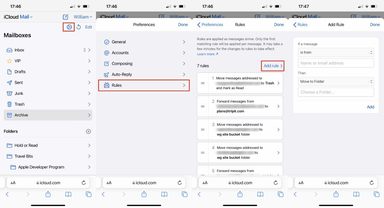 Go to iCloud.com on your iPhone and you can set up more powerful Mail rules