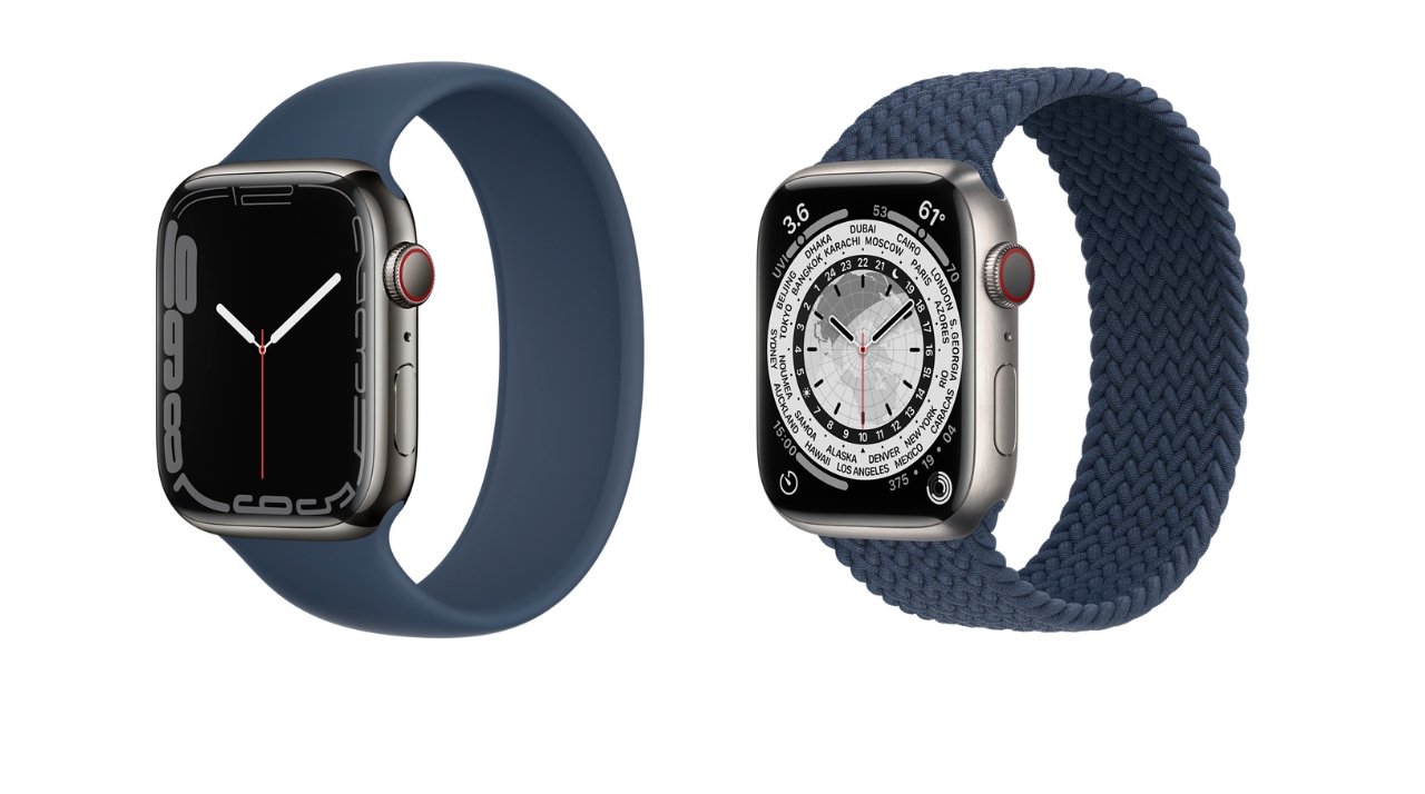 Apple Watch Series 7 in (left) stainless steel, (right) titanium