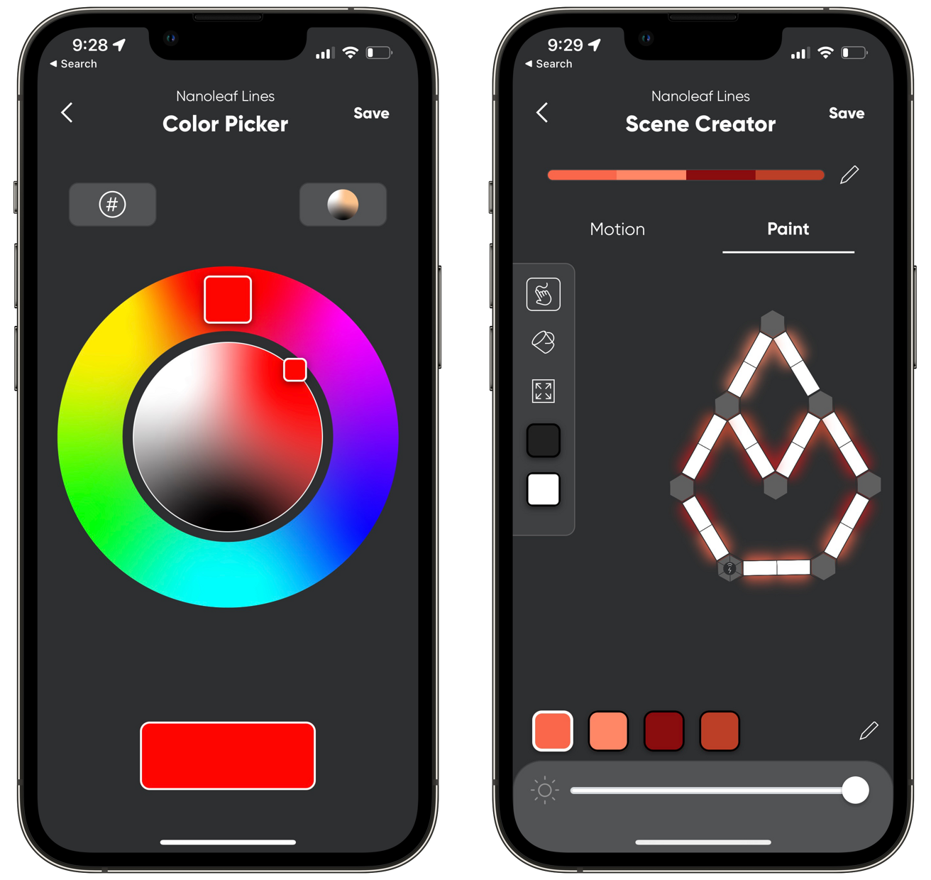 Basic color choice or creating dynamic scenes in the Nanoleaf app